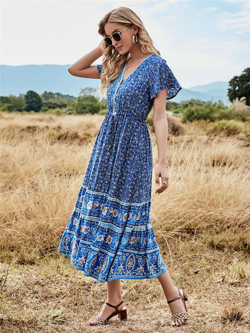 Boho Maxi Dress - Summer Dress Ocean Bloom Flowy V-Neck Sundress in Teal & Brick Floral Print Brown / S Boho Maxi Dress - Summer Dress Ocean Bloom Flowy V-Neck Sundress in Teal & Brick Floral Print Brown / S