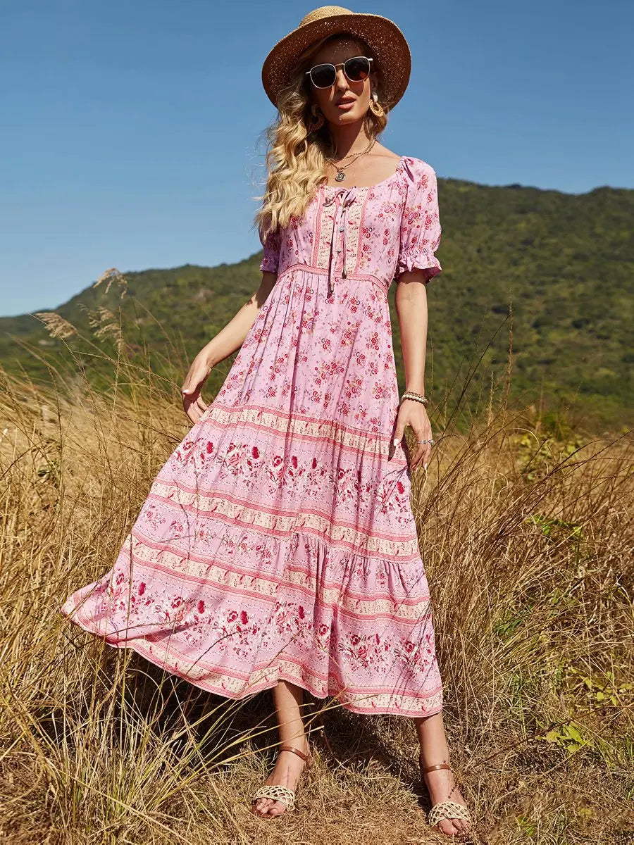 pink boho maxi dress HVEOO Women's Striped Summer Spaghetti Strap Sleeveless Ruffle Hem Flowy Beach Dress, Purple A flowy bohemian spring maxi dress in an ivory and pink floral print with pom trim details throughout Boho Maxi Dress - Summer