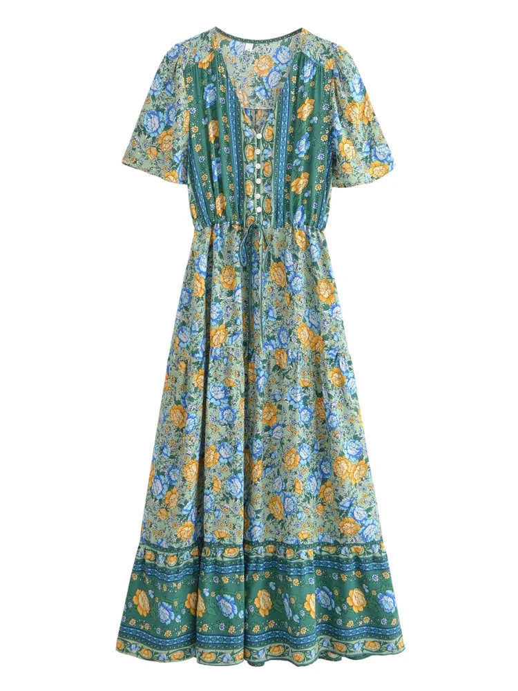 Boho Chic Maxi Dress – Green Floral Print Summer Sundress Elowen