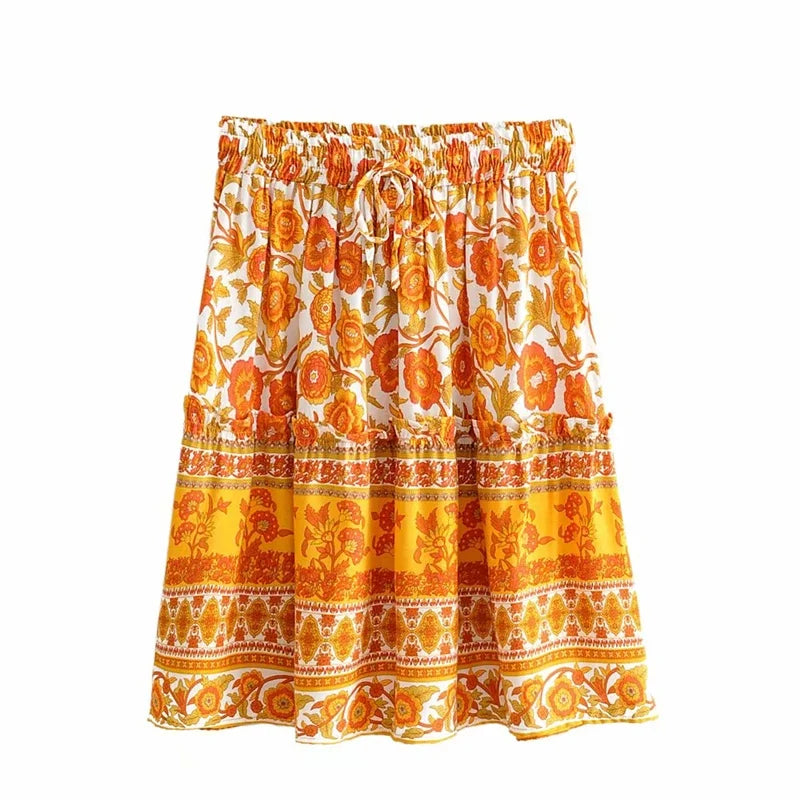 Boho Mini Skirt – “Honey Flower” Floral Print Beach Skirt in Teal & Rust Orange