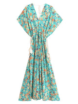 Bohemian Maxi Dress – “Jade Garden” Green Floral Batwing Tie-Waist Maxi Dress