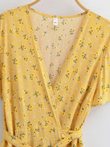 Bohemian Maxi Dress – “Honey Solstice” Yellow Sunflower V-Neck Tie-Waist Boho Dress