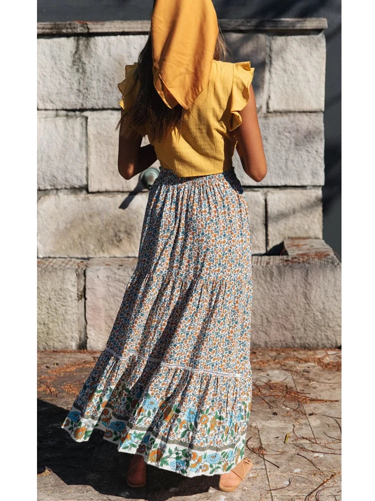 Boho Maxi Skirt – “Olive Meadow” Hippie Style Skirt in Beige & Red for Women, Summer, and Festivals