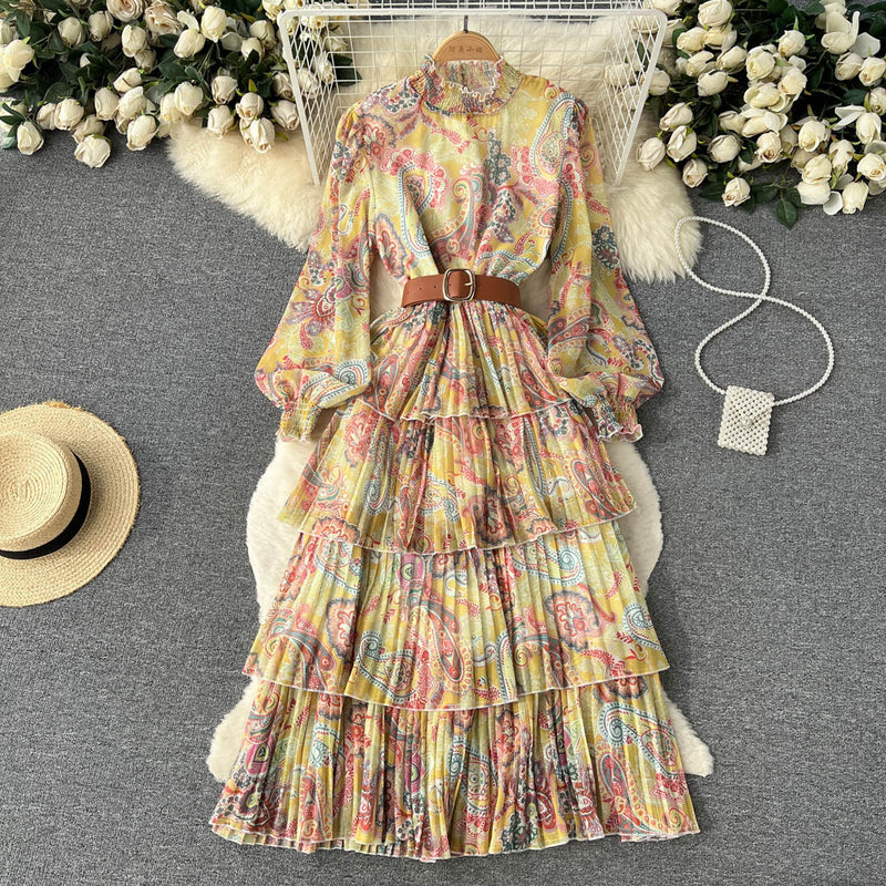 Maxi Dress - Boho Vintage Pleated Dress - Summer Print Floral Vintage Charlotte Yellow