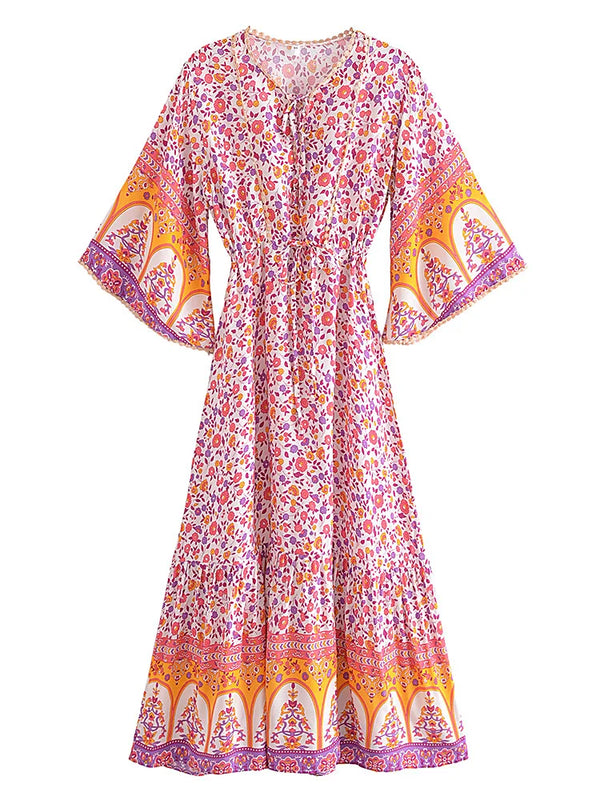 Boho Maxi Dress – Vibrant Bohemian Floral Dress with Bell Sleeves Seraphina