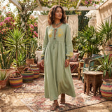 Bohemian Maxi Dress – “Botanical Muse” Butterfly Embroidered Long Sleeve Tie-Neck Dress