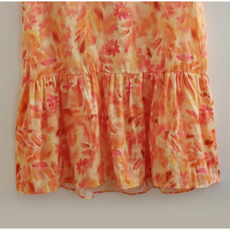 Boho Beach Dress - Ruffled Floral Dress for Your Summer Vacation Vibes - Tie Dye Orange Fall Leaf Delight