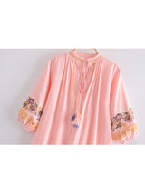 Boho Mini Dress – “Blush Botanica” Pink Floral Embroidered Tassel-Tie Dress