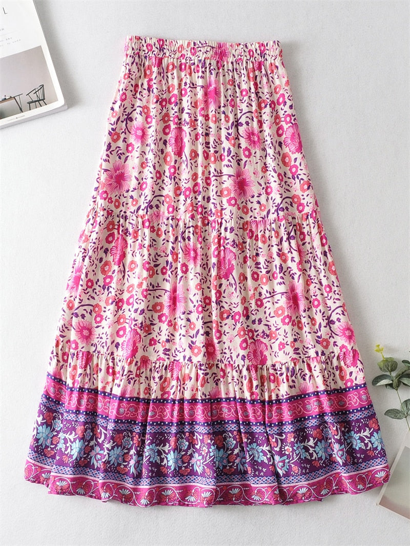 Boho Skirt, Hippie Skirts, Maxi Skirt, Wild Flower Fuchsia Pink