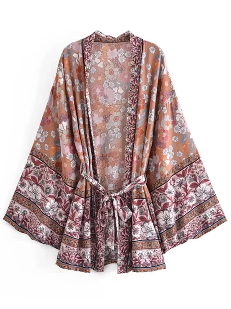 Bohemian Kimono Robe – “Gabriella”  Dusty Brown Short Cover-Up for Beach or Lounge