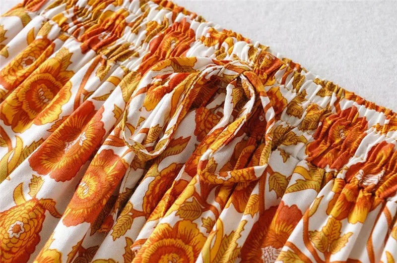 Boho Mini Skirt – “Honey Flower” Floral Print Beach Skirt in Teal & Rust Orange