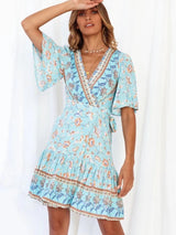 Boho Mini Dress – “Azure Meadow” Light Blue Floral V-Neck Tie-Waist Dress