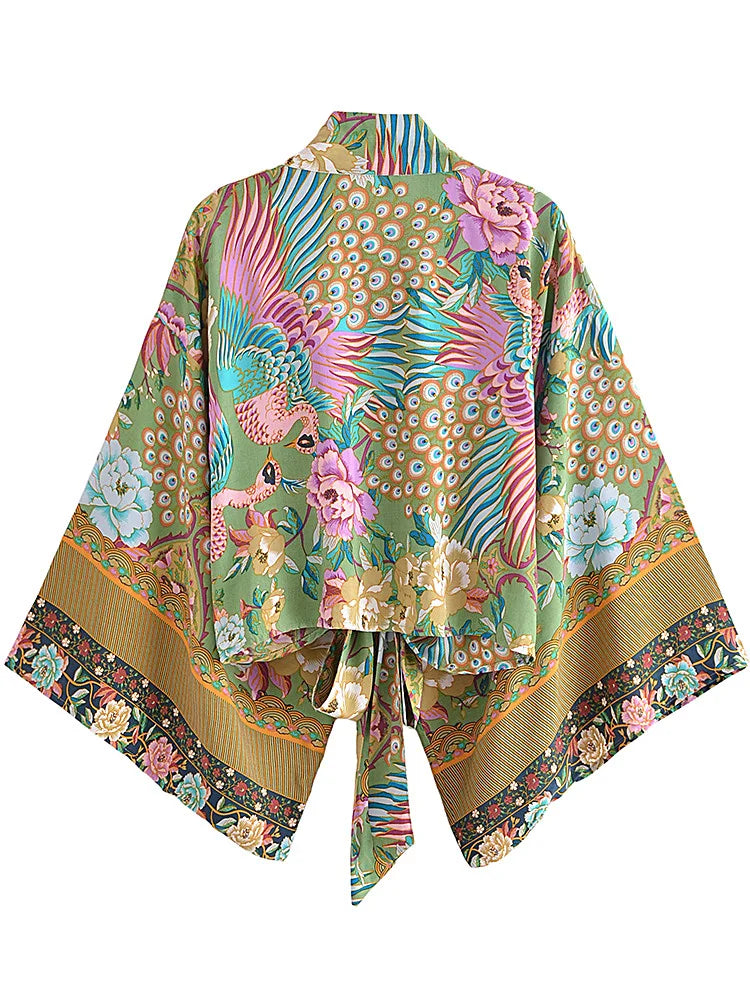Boho Kimono Robe - Beach Cover-up in Peacock Green Gold