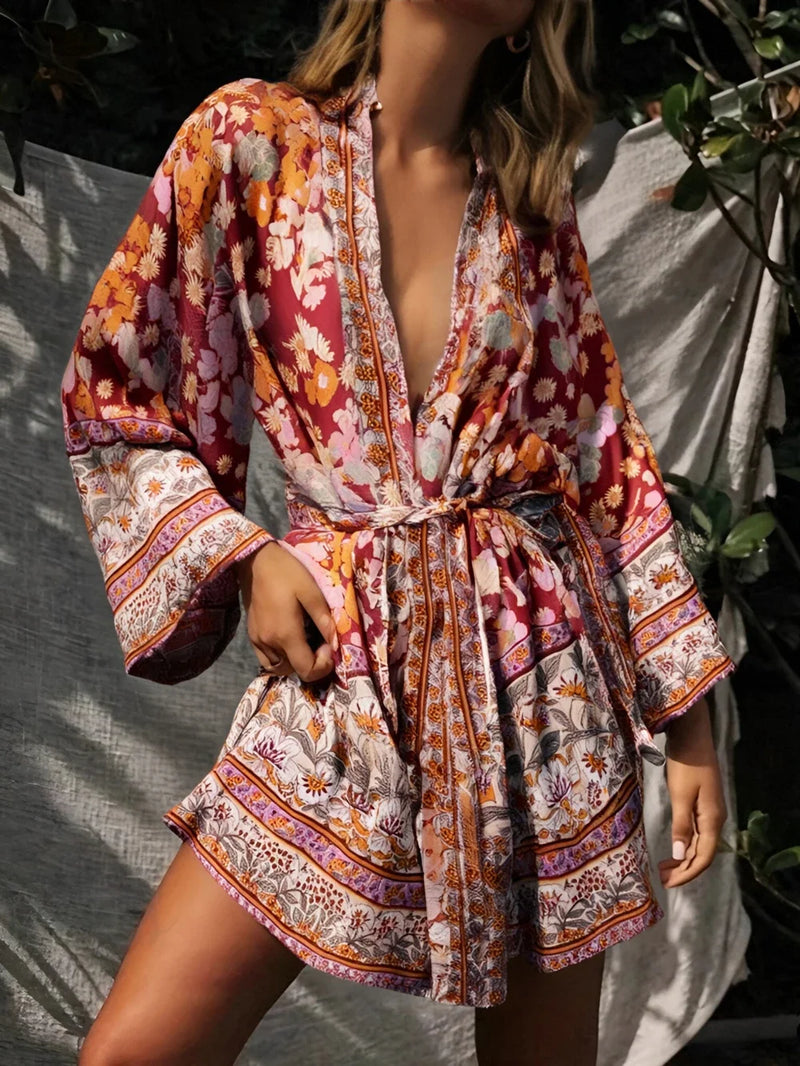 Bohemian Kimono Robe – “Gabriella”  Dusty Brown Short Cover-Up for Beach or Lounge