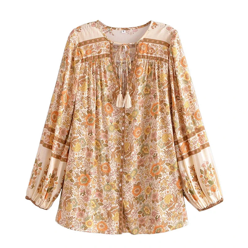 Boho Blouse – “Wild Petal” – Boho Floral Tunic Tops in Pink & Blue