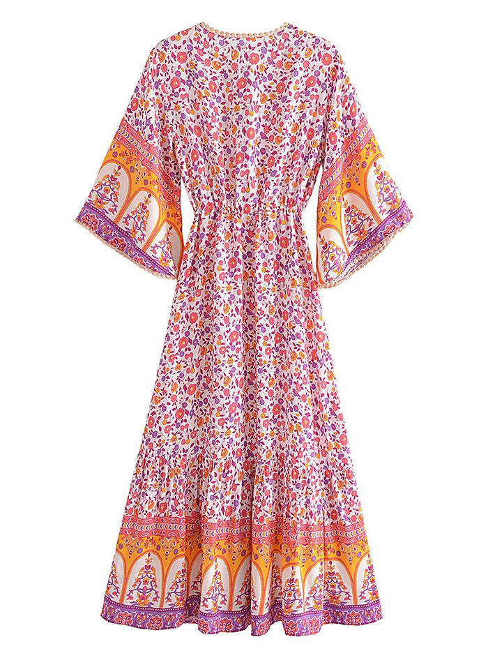 Boho Maxi Dress Vibrant Bohemian Floral Dress with Bell Sleeves Seraphina, Pink / S Boho Maxi Dress Vibrant Bohemian Floral Dress with Bell Sleeves Seraphina, Pink / S