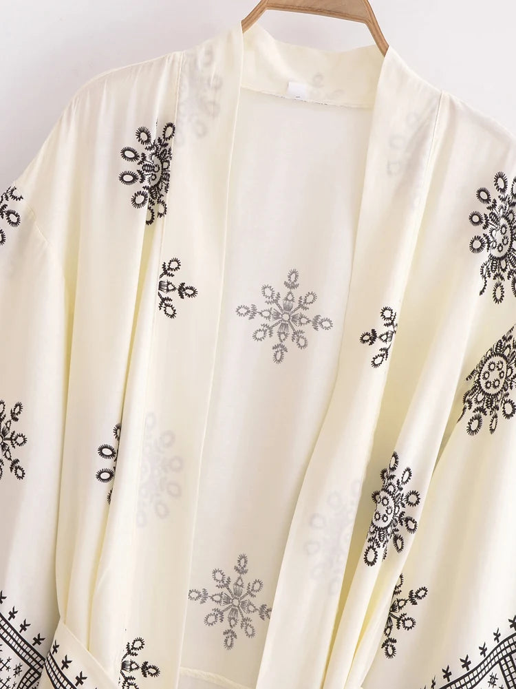 Boho Kimono Robe – “Ivory Echo” Ethnic Embroidered Beach Cover-Up for Women