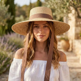 Boho Sun Beach Hat - Ribbon Boater Wide Brim Straw Hat
