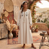 Bohemian Maxi Dress – “Botanical Muse” Butterfly Embroidered Long Sleeve Tie-Neck Dress
