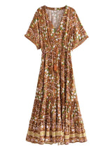 Bohemian Maxi Dress – “Amber Wildflower” Brown Floral Button-Front Tassel-Tie Boho Dress