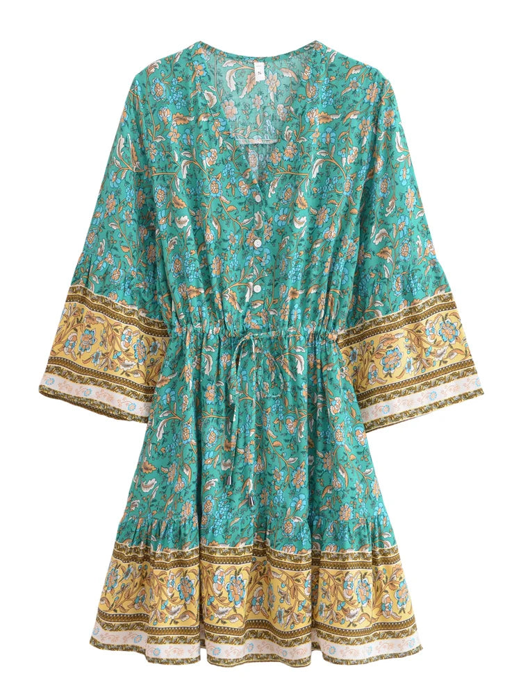 Boho Mini Dress – Green Floral Button-Down Sundress Maeve, blue / S