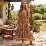 Bohemian Maxi Dress – “Amber Wildflower” Brown Floral Button-Front Tassel-Tie Boho Dress