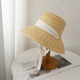 Boho Sun Beach Hat - Wide Brim Straw Boater Hat with Bow Ribbon