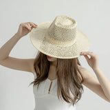 Boho Sun Beach Hat - Handwoven Hollow Wide Brim Straw Fedora Hat