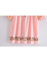 Boho Mini Dress – “Blush Botanica” Pink Floral Embroidered Tassel-Tie Dress