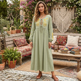 Bohemian Maxi Gown – “Meadow Stitch” Floral Embroidered Long Sleeve Dress