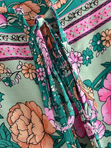 Bohemian Maxi Gown – “Emerald Wildflower” Green Floral Long Sleeve Tie-Neck Dress