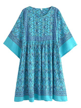 Boho Mini Dress – “Turquoise Reverie” Paisley Batwing Sleeve Loose Dress