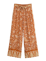 Boho Wide Leg Pants – “Saffron Meadow” Rust Floral Drawstring Palazzo Pants