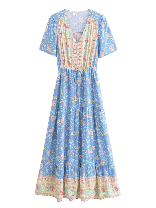 Boho Chic Maxi Dress – Blue Floral Print Summer Sundress Elowen