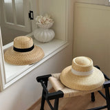 Boho Boater Hat - French Wheat Straw Wide Brim Hat