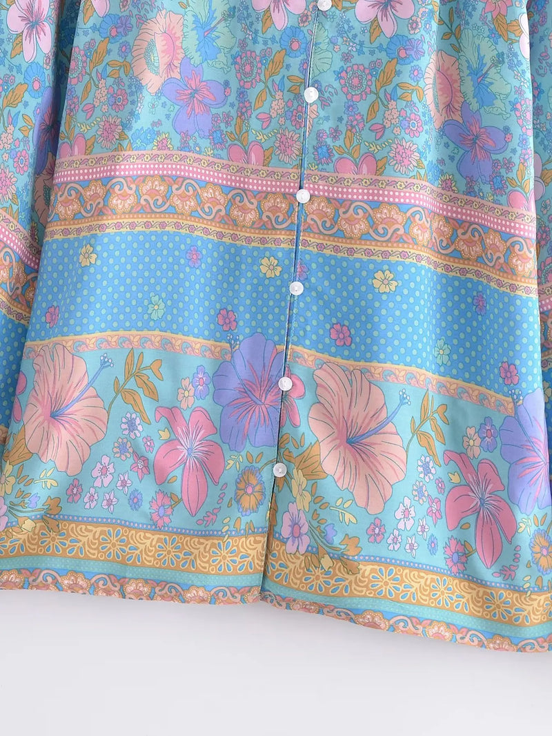 Boho Top for Women – Bohemian Blouse - Freya Blue and Pink Floral Long Sleeve Top