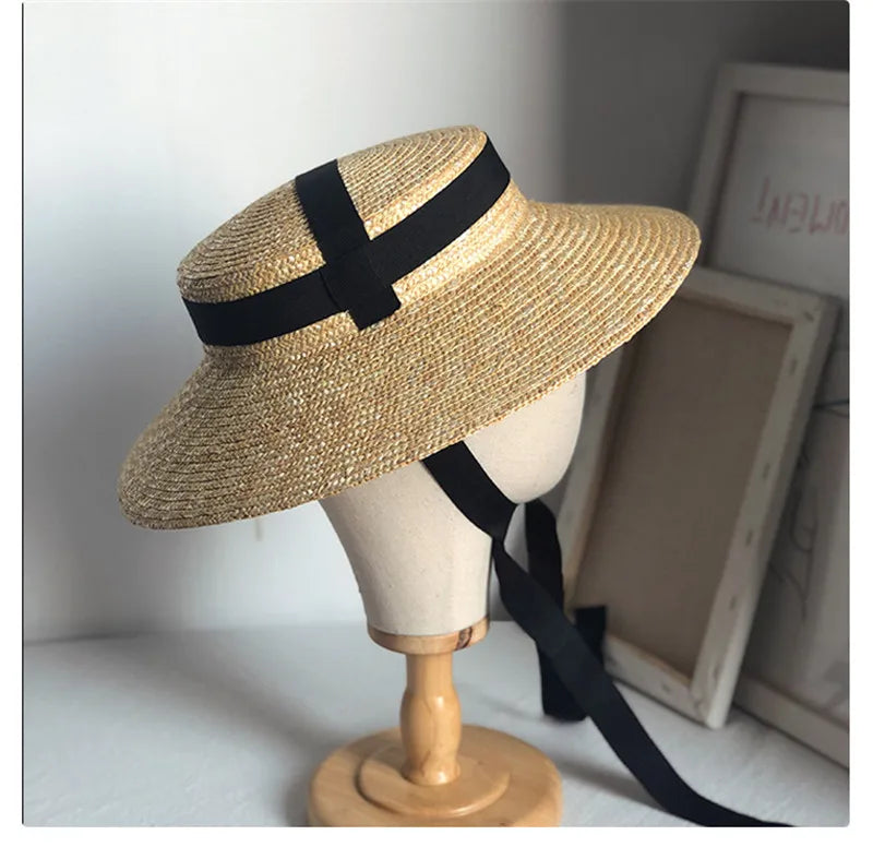 Boho Hat - Wide Brim Straw Sun Hat with Vintage Style Amy Black Ribbon