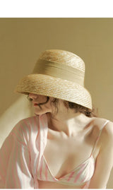Boho Sun Beach Hat - Wheat Straw Cloche Hat with Ribbon