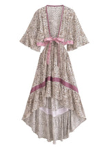 Bohemian High-Low Dress – “Savanna Rose” Leopard Print Tie-Waist Backless Boho Dress
