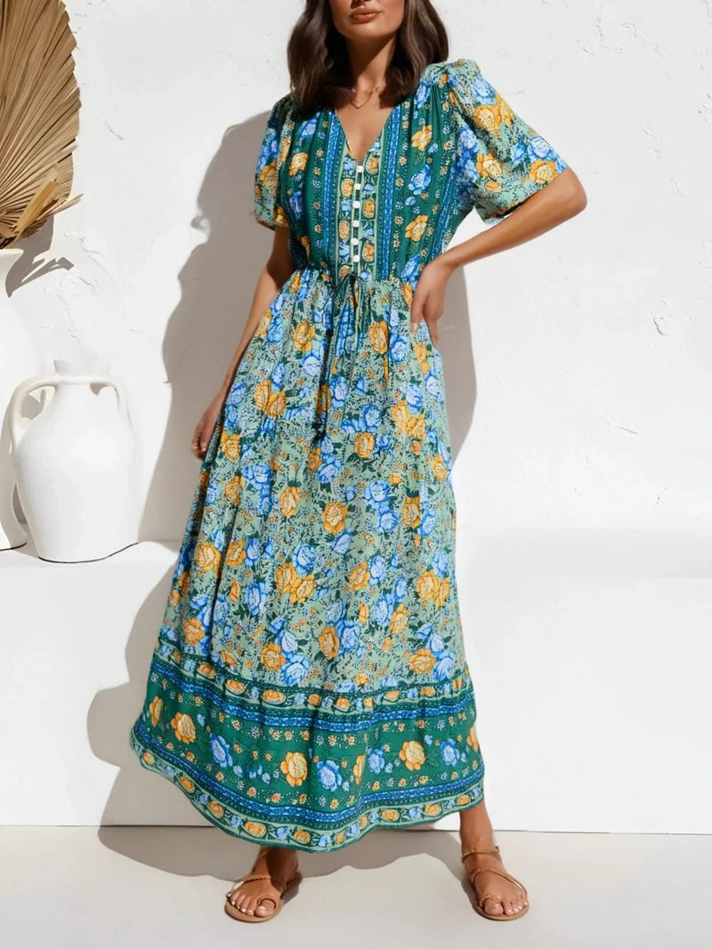 Boho Chic Maxi Dress Green Floral Print Summer Sundress Elowen, Green / S Boho Chic Maxi Dress Green Floral Print Summer Sundress Elowen, Green / S