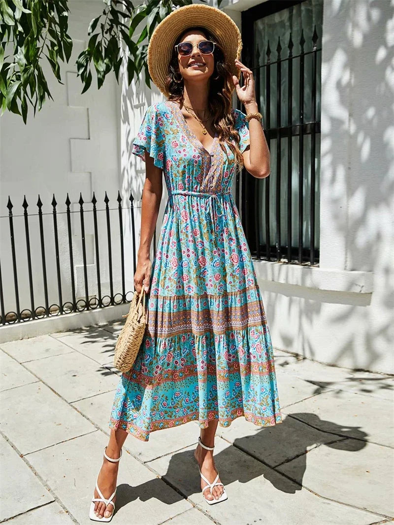 Boho Maxi Dress Summer Dress 'Seabreeze Bloom' Sundress in Blue, Pink & Green light blue / M Boho Maxi Dress Summer Dress 'Seabreeze Bloom' Sundress in Blue, Pink & Green light blue / M