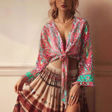 Boho Blouse – “Festival Muse” Floral Long Sleeve Tie Front Tope