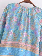 Boho Top for Women – Bohemian Blouse - Freya Blue and Pink Floral Long Sleeve Top