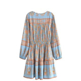 Boho Mini Dress – “Apricot Sky” Light Blue Floral Long Sleeve Tie-Neck Dress