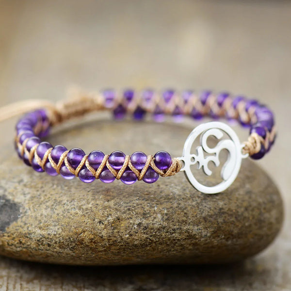 Boho Bracele Amethysts OM Charm String Braided Macrame Bracelets