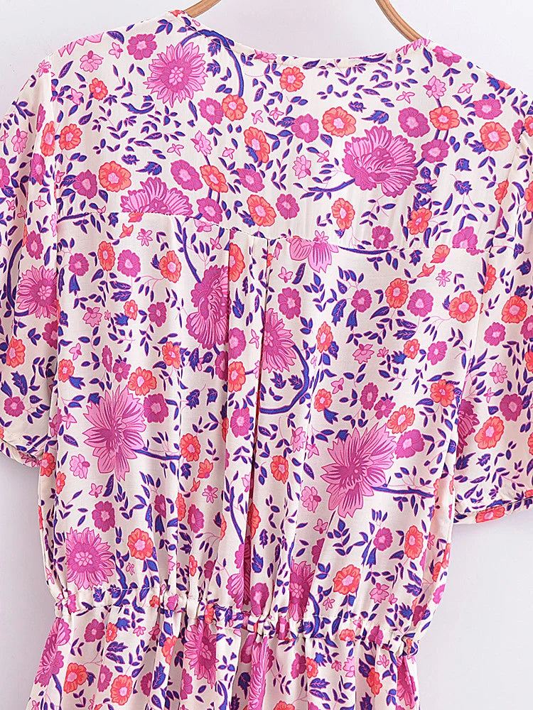 Boho Chic Maxi Dress – Floral Print Summer Sundress Elowen in Purple, Green and Pink