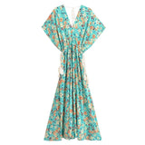 Bohemian Maxi Dress – “Jade Garden” Green Floral Batwing Tie-Waist Maxi Dress