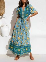 Boho Chic Maxi Dress – Floral Print Summer Sundress Elowen in Purple, Green and Pink