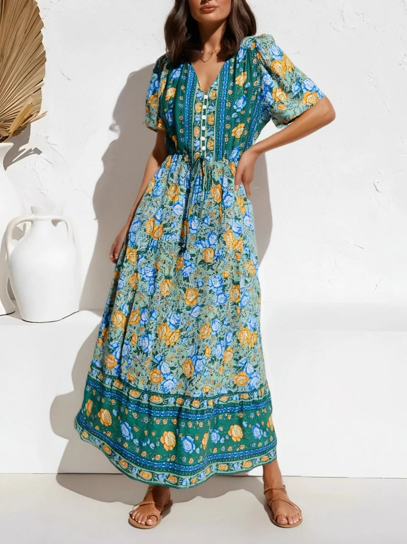 Boho Chic Maxi Dress – Floral Print Summer Sundress Elowen in Purple, Green and Pink