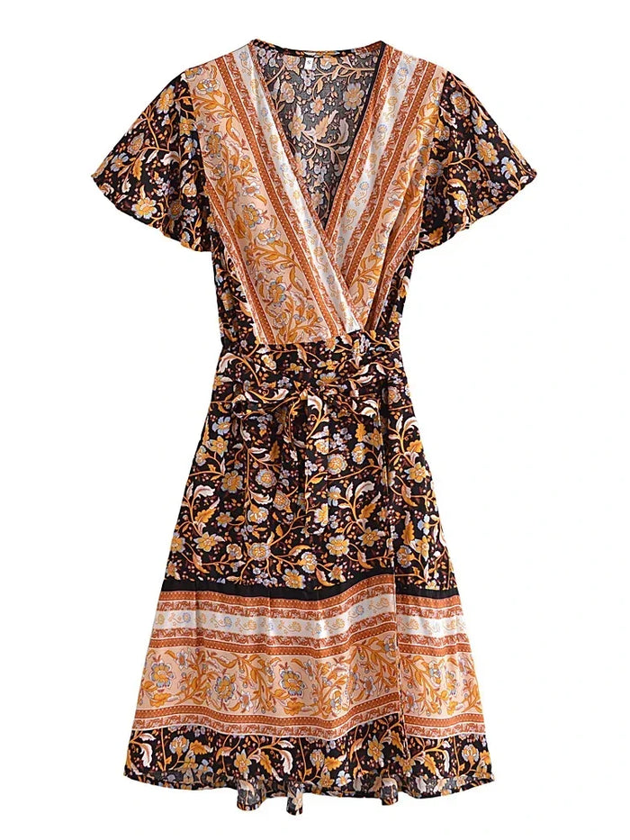 Summer Women Floral Print Wrap V-neck Beach Wrap Bohemian Mini Dress Kaftan Ladies Short Sleeve Sexy Boho Dresses Vestidos beige 1 / L